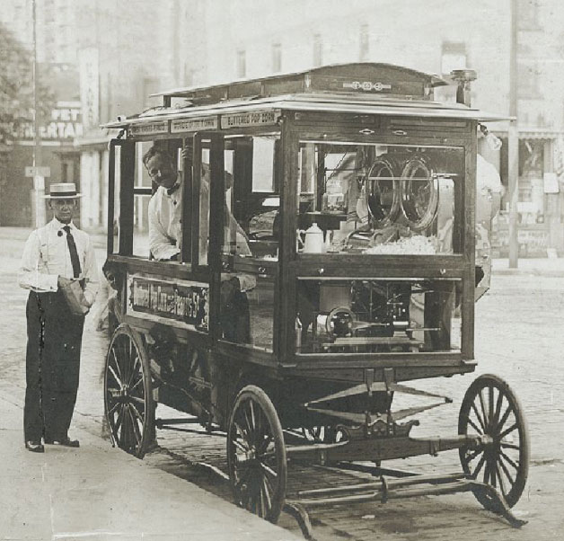 As early as 1914, this popcorn wagon was rolling through the streets  of Kokomo off ering kernels popped on-site.