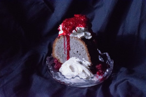 Black Sesame Pound Cake With Raspberry Compote and Cinnamon Whipped Cream