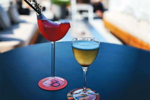 The Cannonball Lounge serves their Tail of Thyme mocktail in a birdshaped glass.