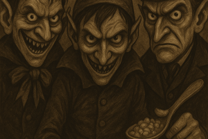 AI generated image of evil snack crackle pop with sharp teeth and dubious bowl of cereal